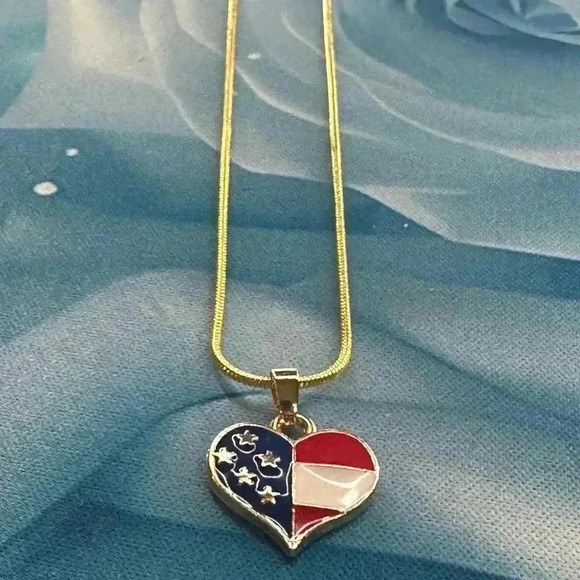 Handmade 18” Gold Red White & Blue Heart Necklace with Gold 1.2mm Snake Chain - Picture 1 of 9